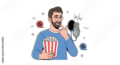 Man with Popcorn and Microphone, Voice Actor, Podcaster, Movie Lover, Content Creator