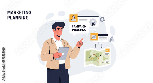 Marketing Planning: Man Explains Campaign Process with Flowchart and Map