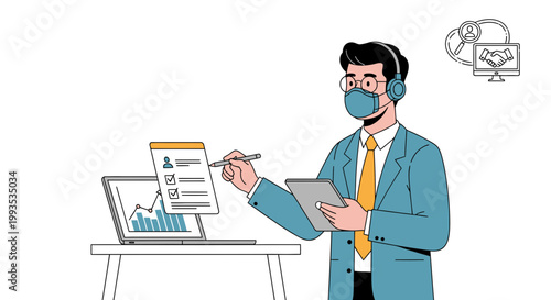 Masked businessman analyzing data on laptop and tablet, remote work concept