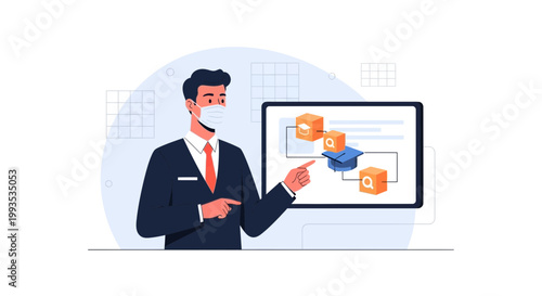 Masked businessman presenting online education on a tablet, virtual learning concept