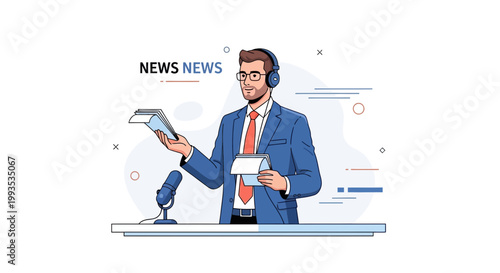 News Anchor with Headphones and Microphone Reporting News