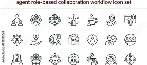 Agent role-based collaboration workflow icon set team coordination access roles multi agent interaction outline vector collection