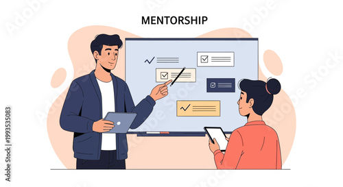 Mentorship concept: mentor teaching student with checklist on whiteboard, business meeting, learning