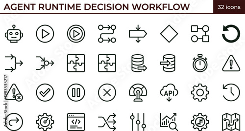 Agent runtime decision workflow icon set execution routing logic control automation system outline vector collection
