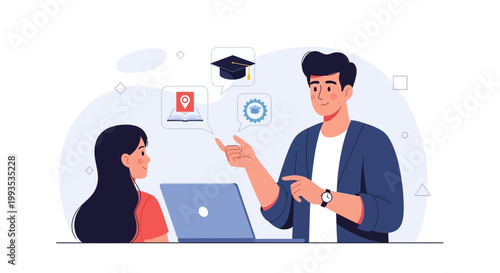 Online Education Concept: Teacher Explains Lesson to Student with Laptop and Icons