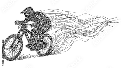 Mountain Biker Speed Line Art – Intricate Wire Drawing with Motion Trails, Extreme Sports Illustration