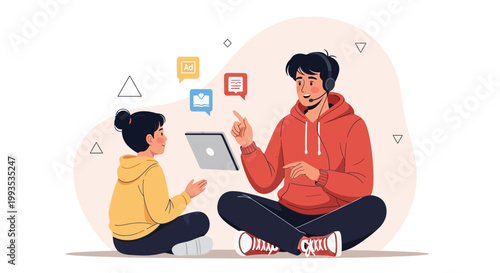 Online Education: Teacher and Student in Virtual Class with Laptop and Speech Bubbles