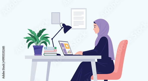 Young woman wearing a purple hijab and black abaya working on her laptop at a white desk in a clean office environment.