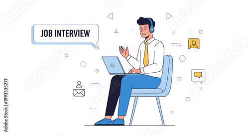 Online Job Interview: Man with Headphones on Laptop, Remote Hiring Concept