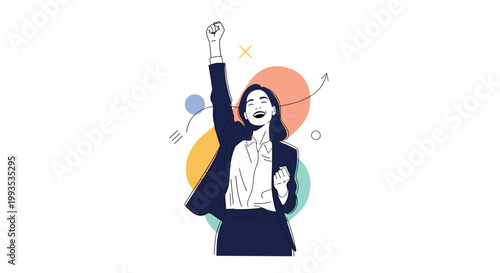 Happy businesswoman in a dark suit raising her fist in celebration of a success or achievement against an abstract background.