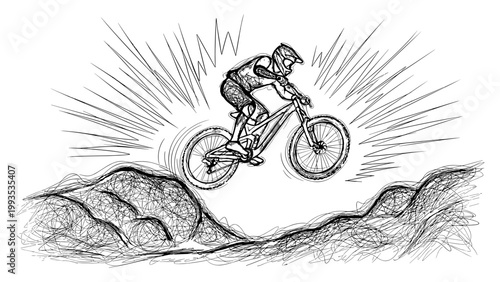 Mountain Biker Jumping Off Rocky Ledge – Comic Book Style Sketch with Burst Lines, Extreme Sports Illustration