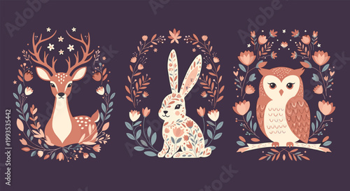 Artistic illustration of a deer, rabbit, and owl framed by delicate floral wreaths on a dark purple background for a whimsical effect.