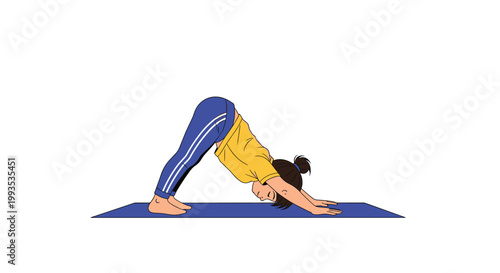Little girl practicing the downward facing dog yoga pose on a blue mat to improve her flexibility, balance, and physical fitness.