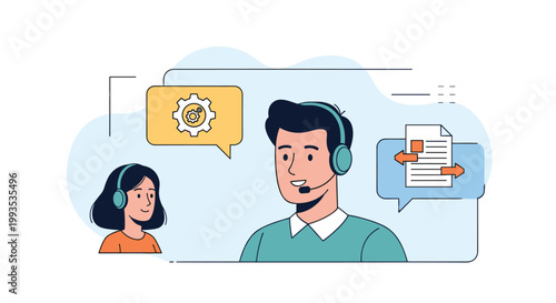 Male and female customer service operators with headsets shown with icons representing technical settings and document exchange.
