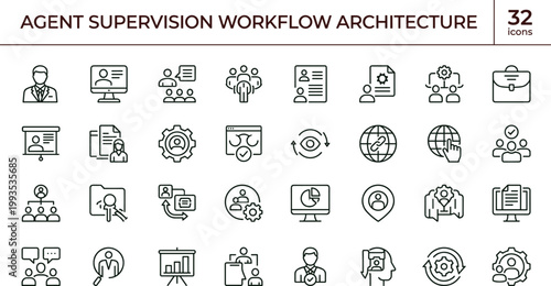 Agent supervision workflow architecture icon set monitoring management coordination analytics oversight system outline vector collection