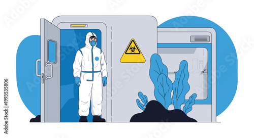 Person wearing a full white biohazard protective suit standing at the open door of a high security scientific laboratory.