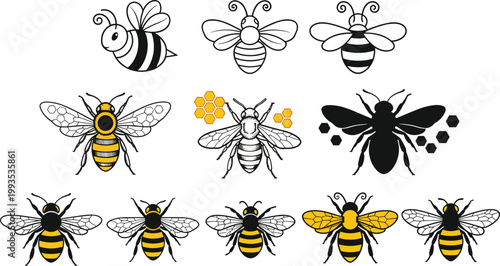 Set of cute bee illustrations collection hand drawn cartoon insects isolated vector honey bees design