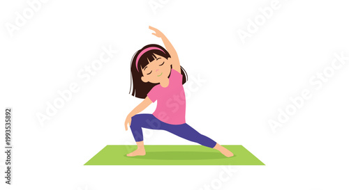 Flexible little girl practicing a yoga stretch on a green mat representing physical health, exercise, and mindfulness for children.