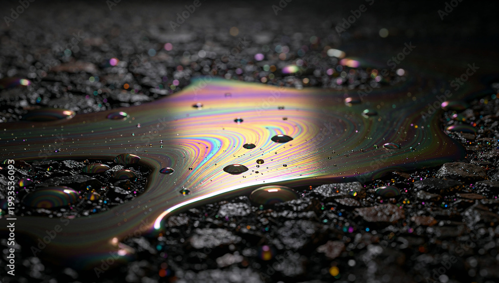 Fototapeta premium Macro Close-Up of Iridescent Oil Spill Puddle with Rainbow Swirl Lines and Water Droplets on Dark Wet Gravel Asphalt Surface, Abstract Urban Pollution Environment Concept Photography