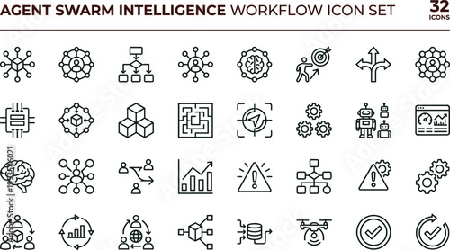 Agent swarm intelligence workflow outline icon set distributed collaboration coordination automation analytics interface vector collection toolkit