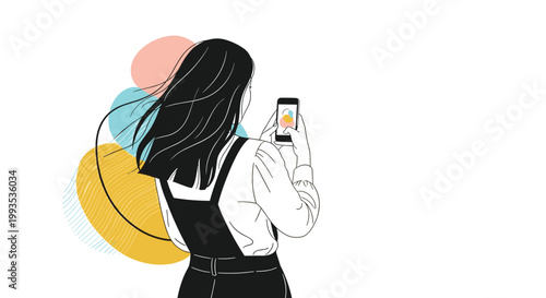 Young woman seen from behind using her smartphone while standing against a creative background with colorful organic shapes.