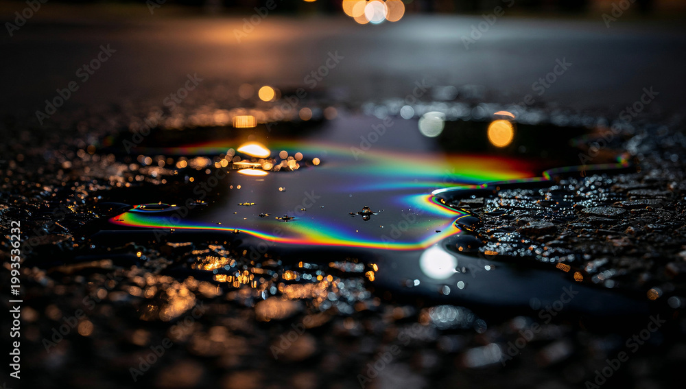 Fototapeta premium Macro Close-Up of Rainbow Iridescent Oil Spill Puddle on Wet Night Asphalt Road with Blurred Bokeh City Lights Reflection, Urban Pollution Street Photography Concept