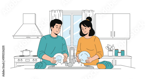 Young happy couple washing and drying dishes together in a modern kitchen, representing shared household chores and daily domestic lifestyle.