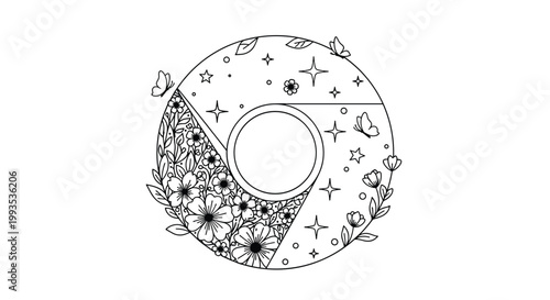Creative line art design of the google chrome logo divided into sections with celestial stars and beautiful floral patterns for coloring.