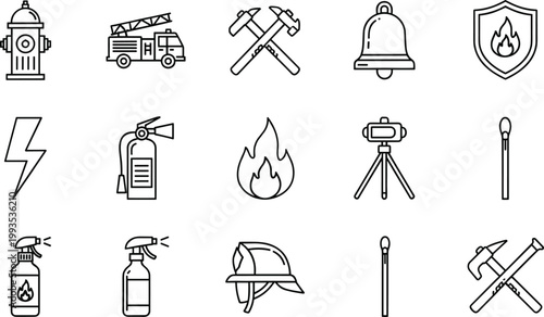 Set of firefighting emergency icons fire safety equipment vector illustration collection isolated design elements