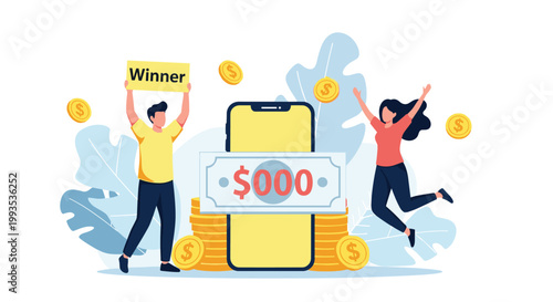 Excited man and woman celebrating a big money win on a mobile phone app with stacks of golden coins and cash in the background.