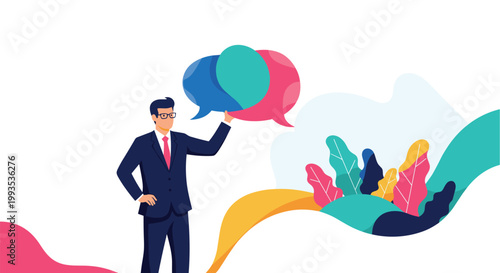 Professional businessman in a suit holding various colorful speech bubbles representing communication, ideas, and social media interaction.
