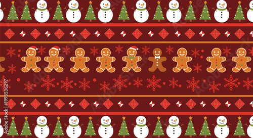 Festive seamless christmas pattern featuring cute snowmen, gingerbread men, pine trees, and snowflakes on a warm dark red background.