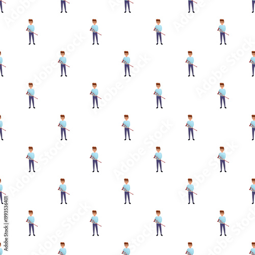 Repeated cartoon man holding crutch creating a seamless medical care pattern