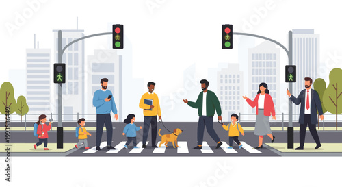 Diverse group of people, including children and a pet dog, safely crossing the city street at a pedestrian crosswalk with traffic lights.