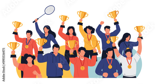 Large group of diverse happy people celebrating victory by holding golden trophies and wearing medals for their outstanding achievements.
