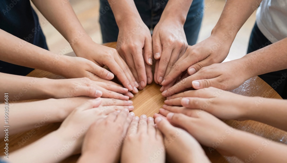 Fototapeta premium Group of people placing their hands together in a circle on a wooden table