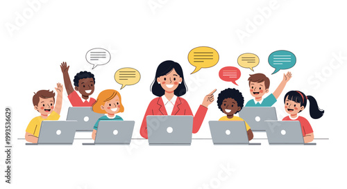 Friendly female teacher instructing a group of diverse young children using laptops in a modern digital classroom environment.