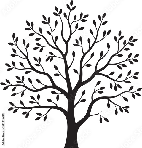 A detailed black and white illustration of a sturdy tree with sprawling branches and leaves.