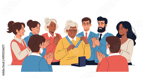 Distinguished elderly woman being honored with a gold medal while a diverse group of people applaud her remarkable achievement.