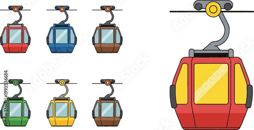 Gondola Cable Car Set with Red, Green, Blue, Yellow, and Brown Lift Icons for Ski Resorts, Mountain Transportation, and Scenic Rides