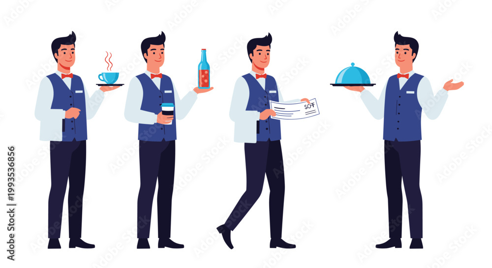 Obraz premium Collection of professional waiters in blue vests serving coffee, wine, meals, and checks in various restaurant service scenarios.