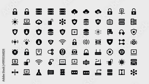 Set of 70 Black Cybersecurity and Data Protection Icons Vector