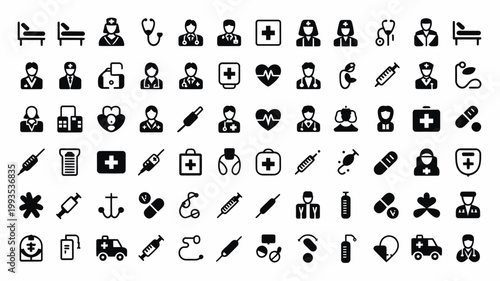 Set of 72 Black and White Medical and Healthcare Icons Vector