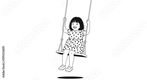 Happy young girl wearing a cute polka dot dress sitting on a swing and enjoying her time on a clean white background.