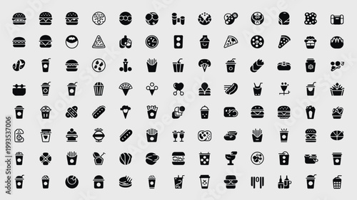 Set of 100 Fast Food and Drink Icons Vector