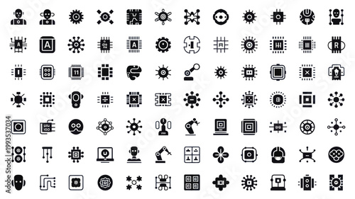 Set of 100 Artificial Intelligence and Technology Black Glyph Icons Vector