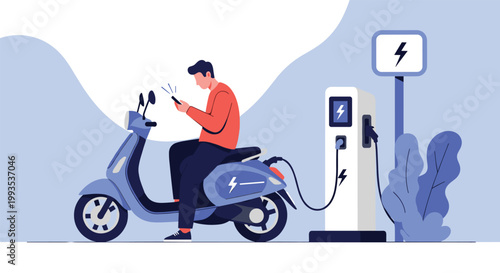 Man sitting on a blue electric scooter and checking his phone while the vehicle is connected to a public electric charging point.