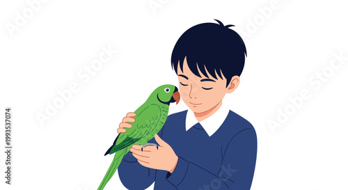 Gentle young boy with black hair holding a beautiful green parrot close to his face to show a sweet bond between a child and pet.