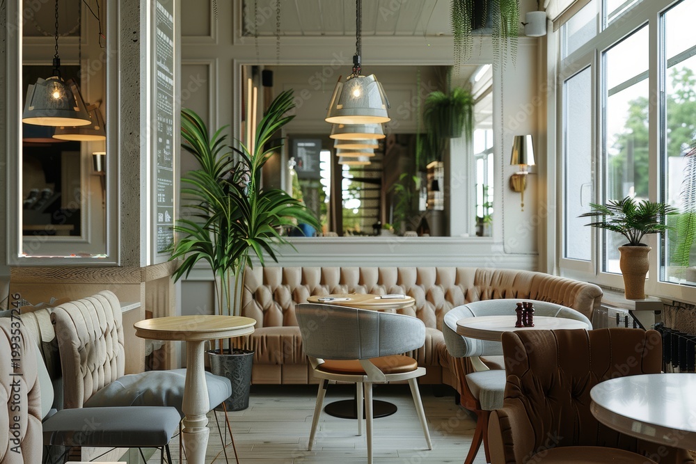 Fototapeta premium A stylishly decorated cafe with comfortable seating and large windows