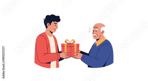 Young man presenting a wrapped gift box to a happy elderly man to celebrate a special occasion or holiday.